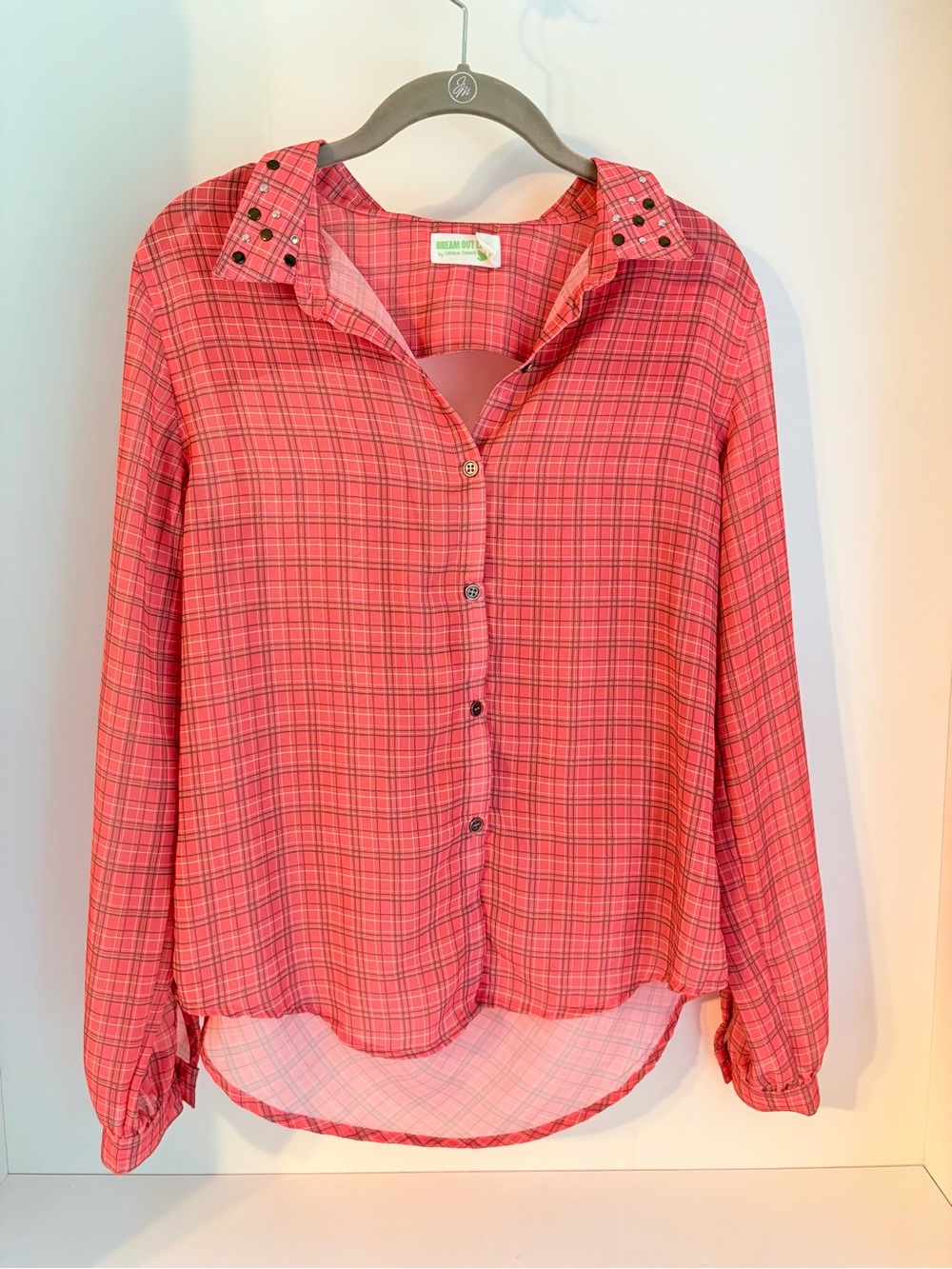 Selena Gomez Coral Pink Plaid Button-Up Shirt